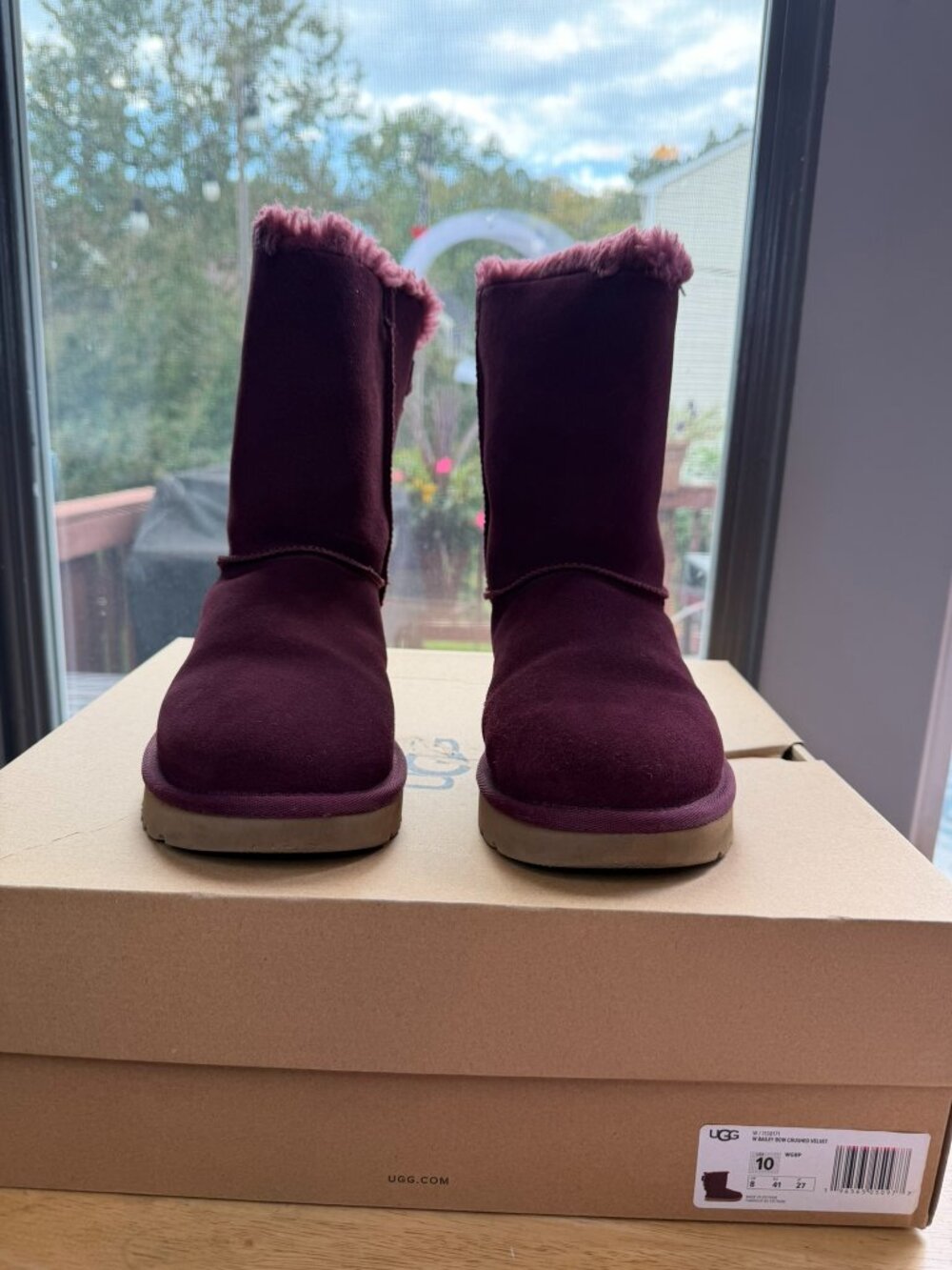 UGG Bailey Bow Crushed Velvet Wine Grape Suede Boots Size 10